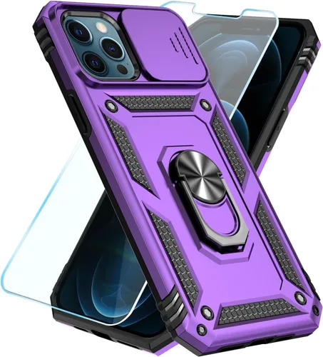 Miniatura 8 de SunStory Funda compatible con iPhone 12 Pro Max con protector de pantalla HD, cubierta de cámara deslizante y soporte de anillo giratorio