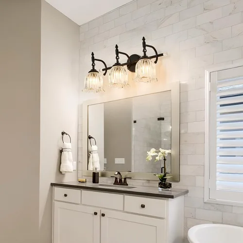 Miniatura 2 de CVKASH Accesorios de Lámpara de Tocador de Baño de 3 Luces Sobre Espejo, Lámpara de Tocador Moderna Negra con Pantalla de Vidrio, Aplique de Pared