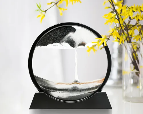 Miniatura 2 de Atigrado Arte Zen grande de arena móvil de 12 pulgadas, marco de vidrio redondo grande con arena negra consciente, reloj de arena 3D de mar profundo
