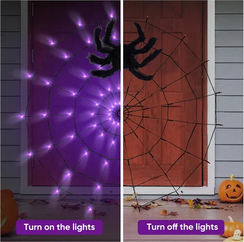 Miniatura 6 de LCHUANG Decoraciones de Halloween con luces de telaraña – 2 piezas de telaraña iluminadas, 4 pies de diámetro, 70 LED con araña negra, impermeable