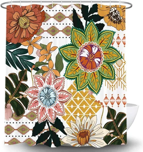 Miniatura 3 de Torich Cortina de ducha bohemia floral para baño, abstracta de mediados de siglo, decoración bohemia, cortinas de baño, flores botánicas, hojas