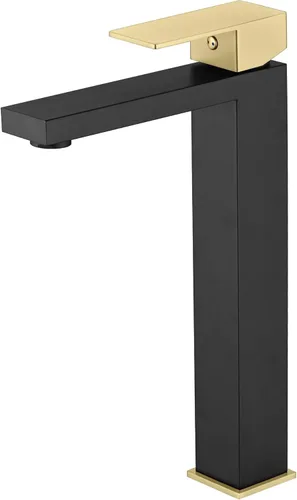 sumerain Grifo de lavabo de recipiente, grifo de baño alto de acero inoxidable 304 con una sola manija, un solo agujero, negro y dorado, sin plomo y