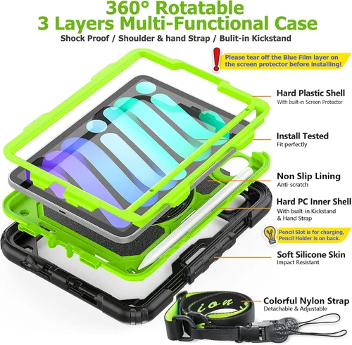 Miniatura 6 de SEYMAC stock Funda para iPad mini 7 (A17 Pro) 2024/Mini 6 de 8.3 pulgadas con protector de pantalla portalápices [correa de mano giratoria 360]