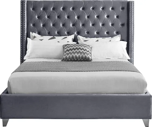 Miniatura 4 de Meridian Furniture – Cama con respaldo de terciopelo abotonado, Aiden-Q-Aiden, con recortes cromados con forma de cabezal de clavos y patas Gris