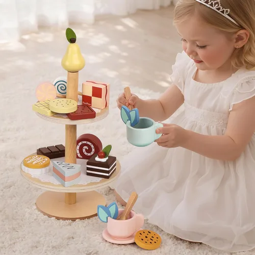 Miniatura 4 de PairPear Juego de Fiesta de Té con Soporte para Postres - Juguetes de Madera de Comida de Juego de Simulación y Accesorios de Cocina para Juego