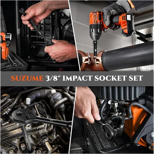 Miniatura 7 de SUZUME Juego de llaves de impacto de 3/8, acero Cr-V, 6 puntas, accionamiento de 3/8", 50 piezas métricas estándar (8-22mm) y SAE