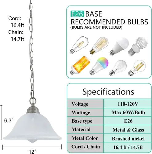 Miniatura 3 de Lámpara Colgante Enchufable con Pantalla de Vidrio de Alabastro, Lámpara Colgante con Interruptor de Encendido/Apagado, Cable de 16.4 Pies y Cadena