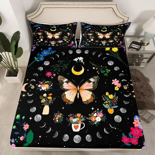 Miniatura 18 de Erosebridal Sábanas de cama de polilla de la muerte, sábana bajera ajustable de calavera gótica, tamaño individual, sábanas florales de flores