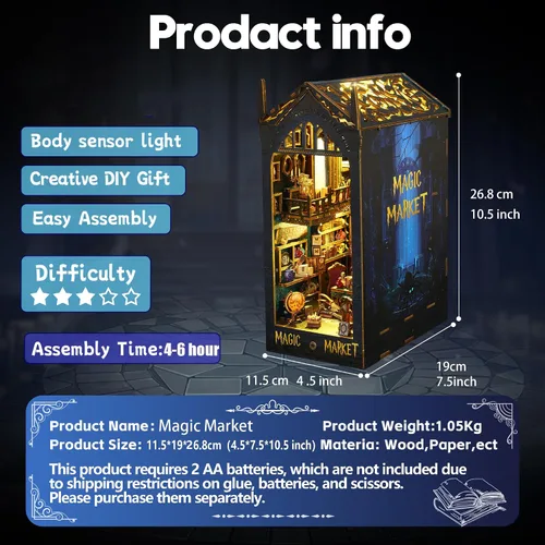 Miniatura 2 de Kit de rincón de libro, inserción de estantería, modelo de madera en miniatura con sensor de luz LED, tema de mercado mágico, diorama 3D