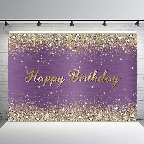 Miniatura 2 de MEHOFOND Telón de Fondo de Decoraciones de Fiesta de Cumpleaños Morado de 7x5 pies con Brillos Dorados Relucientes y Diamantes para Decoración