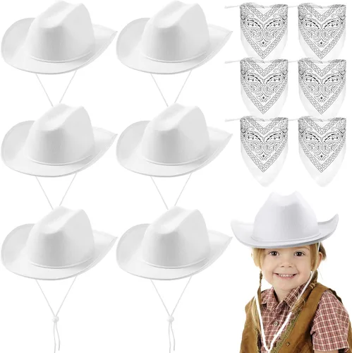 Miniatura 12 de Unittype Juego de 12 sombreros de vaquero para niños, sombrero de vaquera occidental y bandanas de poliéster para niños y niñas, disfraces