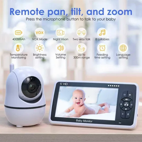 Miniatura 4 de Babystar Monitor de bebé con cámara y audio, resolución HD 720P, pantalla de 5 pulgadas, 4000 mAh hasta 22 horas de batería, zoom panorámico remoto