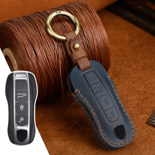 Miniatura 3 de Funda de cuero para llavero inteligente, funda de protección completa compatible con Porsche 911 Cayenne Macan Panamera Taycan 3 4 botones, 3 3