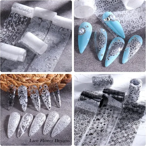 Miniatura 4 de 10 rollos de calcomanías de transferencia de papel de uñas de flores blancas y negras con patrón de flores de encaje pegatinas de transferencia