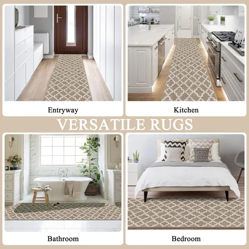 Miniatura 4 de U'Artlines Alfombra de pasillo larga para pasillo de 2 x 8 pies, antideslizante, alfombra de piso de cocina, patrón geométrico beige, lavable a
