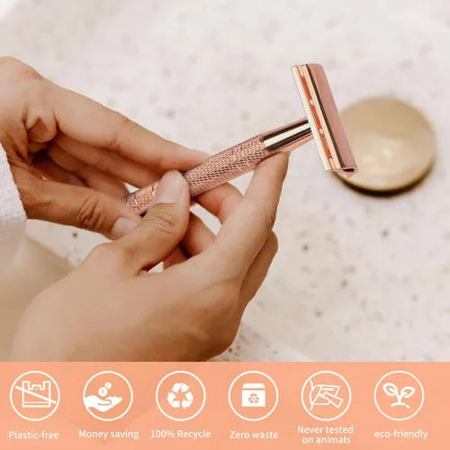 Miniatura 7 de Maquinilla de afeitar de seguridad de doble filo de oro rosa para mujer, maquinilla de afeitar de una sola hoja con 10 cuchillas recubiertas