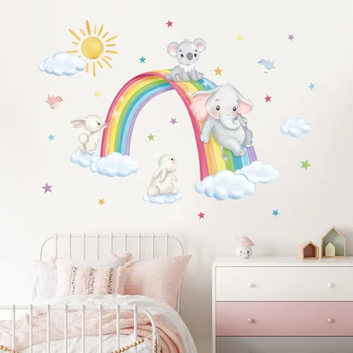 Miniatura 3 de decalmile Calcomanías de pared de animales de arco iris, elefante, koala, conejo, nubes, calcomanías de pared para habitación de bebé, habitación