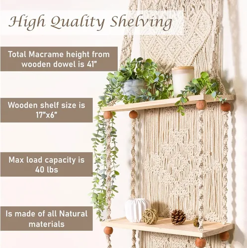 Miniatura 5 de Estante de Pared de Macramé Colgante (Nivel 2, Blanco Natural)