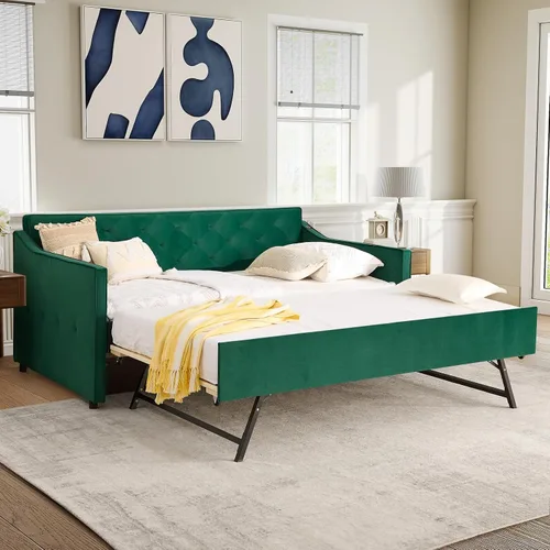 Miniatura 13 de Antetek Sofá cama con cama nido, tapizado en tela, tamaño twin, sofá cama diurno con punto de tracción, marco de sofá cama con cama nido twin