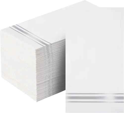Miniatura 11 de 200 servilletas de papel forradas con borde dorado, elegantes servilletas de cena de 3 capas de papel blanco y dorado, toallas de mano desechables