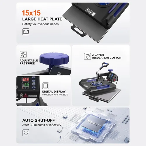 Miniatura 6 de Happybuy Máquina de prensa de calor, 15 x 15 pulgadas, transferencia de calor 8 en 1 con prensa de vaso de 30 onzas, prensa digital de camisetas