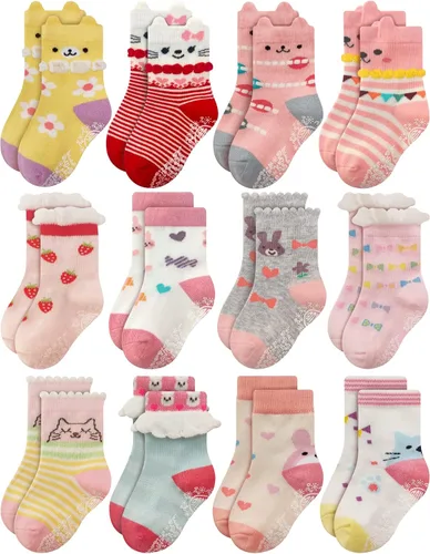 RATIVE Non Skid Anti Slip Cotton Dress Crew Socks With Grips For Baby Infant Toddler Kids Girls