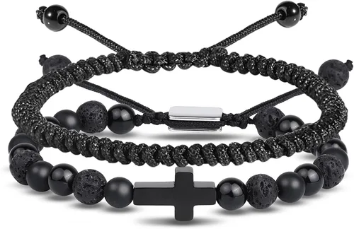 Miniatura 30 de Pulseras de cuentas negras para hombres y niños: 0.236 in de obsidiana ónix cuentas de lava para hombre conjunto de pulseras para hombre - Genial