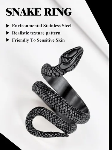 Miniatura 3 de Anillo de acero inoxidable chapado en oro de 18 quilatesserpiente negra para hombres y mujeres, tamaño 7-12, anillos de reptil de serpiente punk