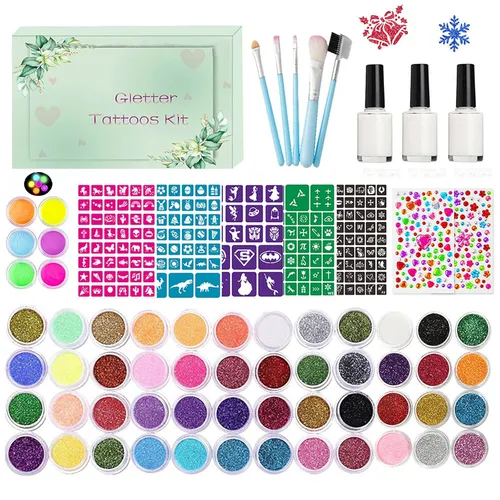 Kit de tatuajes temporales con purpurina para niños, 48 colores, 6 fluorescentes, 207 plantillas, 2 calcomanías de diamante, 3 pegamento, 5