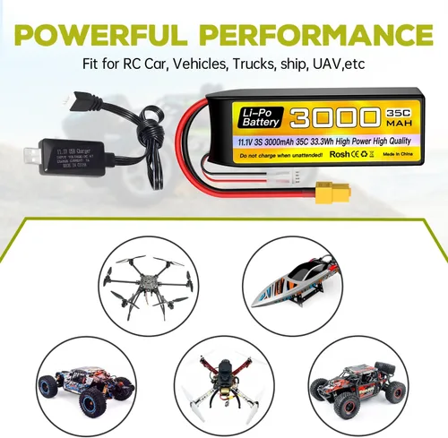 Miniatura 5 de 3S Lipo Batería 11.1 V 3000 mAh 35C con enchufe XT60 con cable de carga USB para RC Car Truck RC Barco Quadcopter FPV Drone