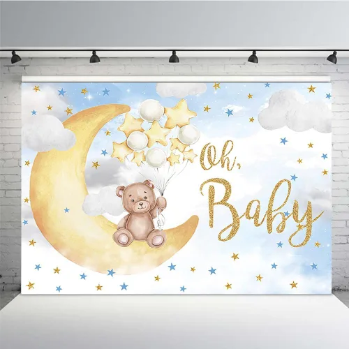 Miniatura 9 de MEHOFOND Oh Baby Bear - Telón de fondo para baby shower, género neutro, decoración de fiesta de cumpleaños, pancarta de oso en la luna, globos