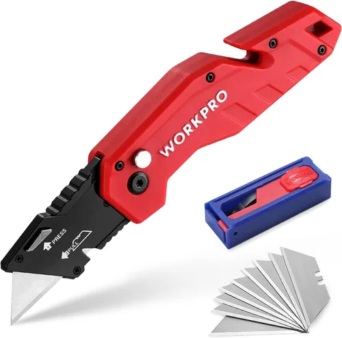 WORKPRO Cuchillo utilitario plegable, hoja de cambio rápido, mango de nailon ligero, cortador de utilidad con 10 cuchillas adicionales Rojo