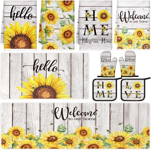 Miniatura 18 de Fourluoo Juego de 10 piezas de decoración y accesorios de cocina de girasol, diseño de búfalo blanco y negro, juego de manoplas de horno y soportes