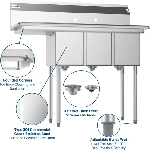 Miniatura 4 de KoolMore - SC101410-12L3 Fregadero de cocina comercial de acero inoxidable NSF de 3 compartimentos con 1 escurridor - Tamaño del tazón 10 pulgadas x