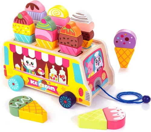 HELLOWOOD Camión de helados de madera, 28 piezas magnéticas de helados dulces, alimentos y accesorios, juguetes Montessori de clasificación y