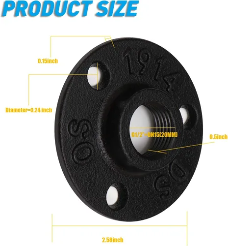 Miniatura 2 de Brida de piso pintada en negro antioxidante de 1/2 pulgada, paquete de 10 accesorios de tubería de hierro maleable para estilo vintage industrial