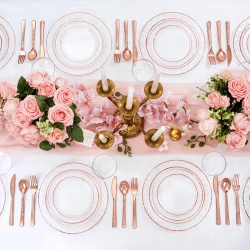 Miniatura 8 de Ciaell 150 platos de plástico de oro rosa – Platos desechables con cubiertos de plástico de oro rosa incluyen 50 platos, 25 tenedores, 25 cuchillos
