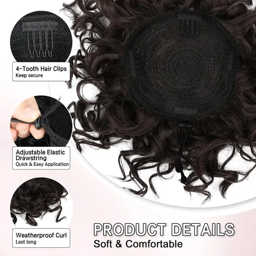 Miniatura 8 de Lommel - Extensiones de cabello estilo moño desordenado para mujer, 70g, con cordón elástico, ondas sueltas y rizadas, extensiones de cabello Marrón