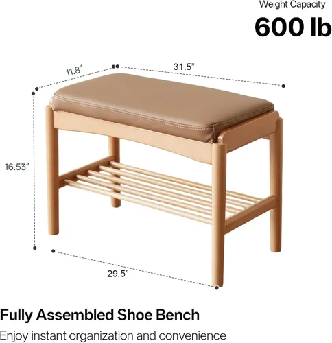 Miniatura 2 de Banco de zapatos de madera maciza montado, banco de zapatos con cojín de cuero de silicona para entrada, sala de estar, dormitorio, pasillo, 11.8 x