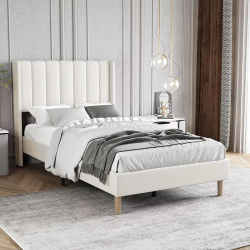 Miniatura 32 de Marco de Cama Tapizada de Plataforma Tamaño Full con Cabecero, Soporte de Listones de Madera Resistentes, No Necesita Somier, Montaje Fácil, Beige