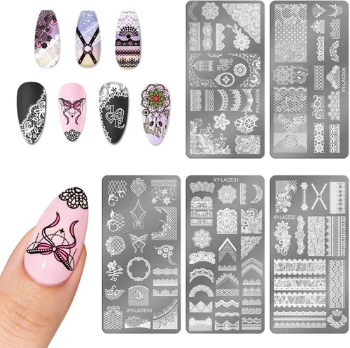 Miniatura 7 de Juego de 6 plantillas de estampado de uñas con líneas francesas, flores, hojas, diseño de corazón sonriente, kits de estampación, herramientas