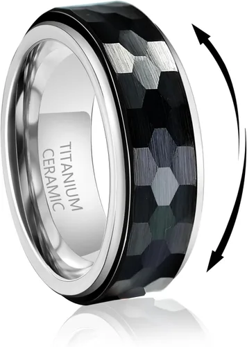 TGNEL Mens Wedding Bands Hammered Titanium Fidget Ring 8mm, Rose GoldBlack Ceramic Anxiety Rings for Men Comfort fit Size 7-14