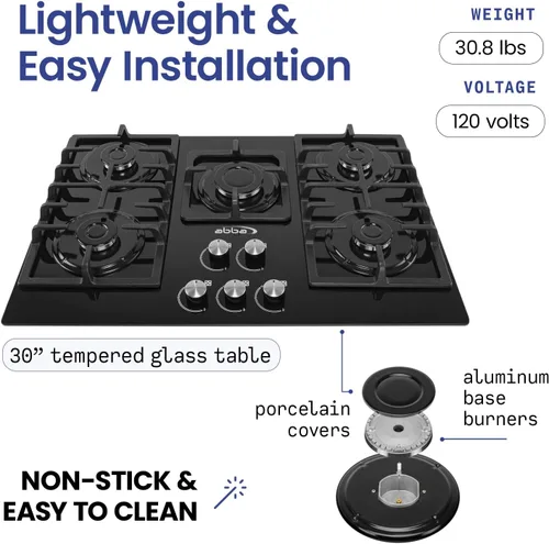 Miniatura 2 de ABBA - Placa de cocina de gas de 30 pulgadas con 5 quemadores sellados, superficie de vidrio templado con quemadores SABAF, estufa de gas natural