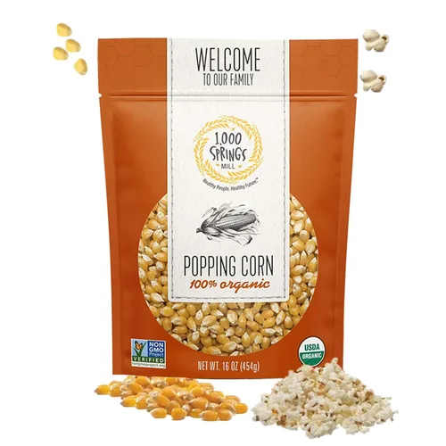 1000 Springs Mill Granos de palomitas de maíz secos orgánicos, sin OMG, aperitivo saludable para microondas o estufa, granos de palomitas de maíz