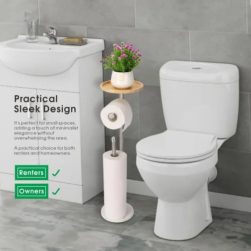 Miniatura 4 de Soporte para papel higiénico con bandeja grande de bambú de 7.9 pulgadas, base de mármol más pesada de 2.2 libras, soporte de papel de pie