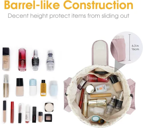 Miniatura 2 de Bolsa de maquillaje con cordón en forma de barril, bolsa grande de cosméticos, organizador de artículos de tocador para mujeres, Rosa polvoriento