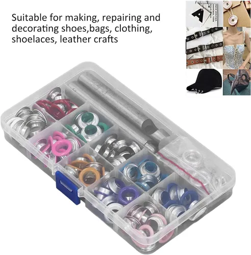 Miniatura 6 de Kit de ojales multicolor de 0.394 pulgadas (0.394 in), juego de ojales de metal, ojales y ojales con herramienta de instalación para zapatos