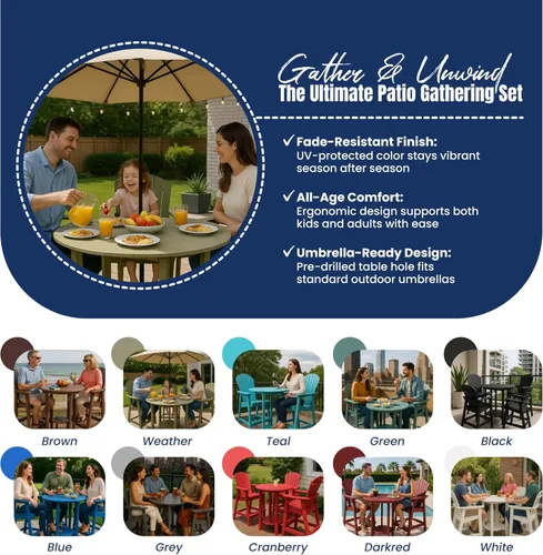 Miniatura 7 de Phat Tommy Juego de mesa y sillas de bar al aire libre - Muebles de polietileno - Material reciclado, juego de patio superior alto - Weatherwood