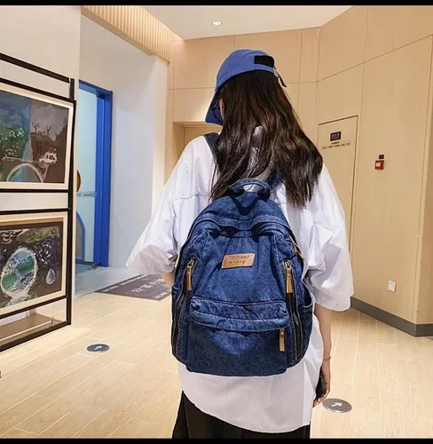 Miniatura 2 de Mochila de mezclilla para mujeres y hombres, mochila vintage estilo grunge, mochila para computadora portátil, mochila retro para viajes y trabajo