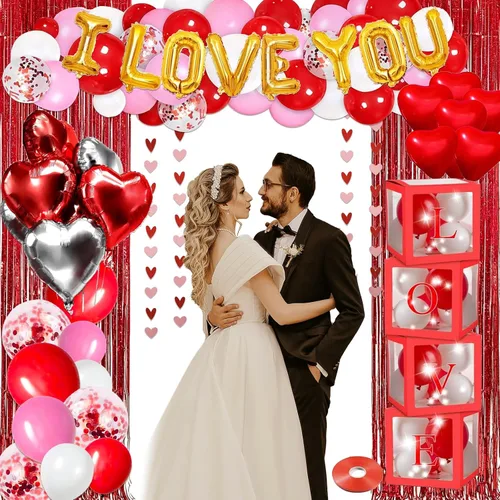 Miniatura 5 de Guudmua Kit de decoración para el día de San Valentín, decoraciones de feliz aniversario, 4 cajas de globos, guirnalda de globos, decoraciones